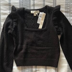 saltwater LUXE Black Square Neck Sweater with Ruffle Detail Size Small